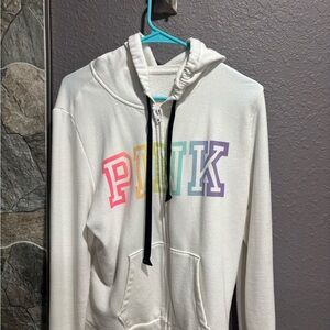 PINK Victoria's Secret White Hoodie with Multicolor Logo